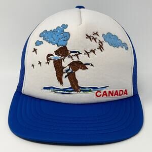 Vintage 80s Canada Trucker Hat Baseball Cap Blue Canadian Geese Goose Snapback